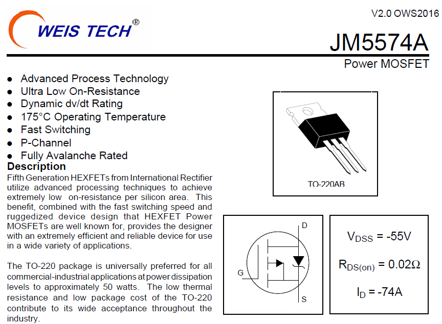 JM5574A -55V -74A 0.02Ω MOS管