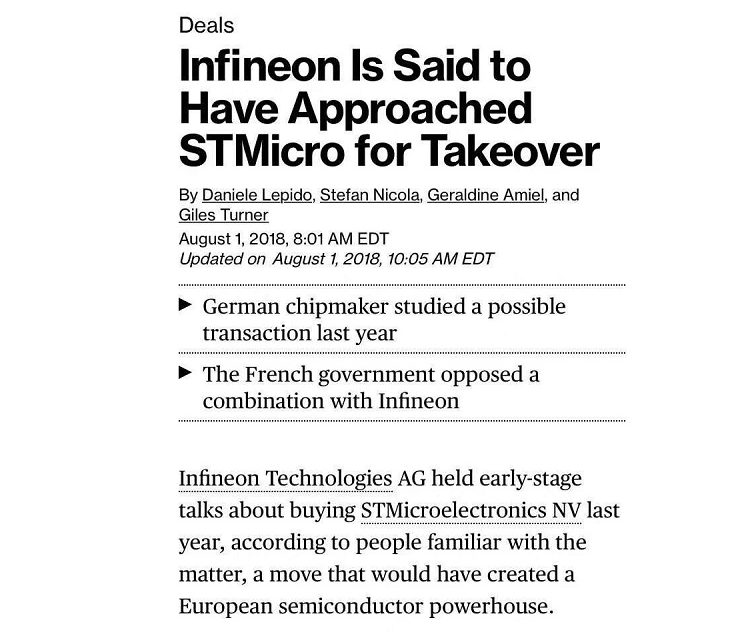重磅！英飞凌（Infineon）拟收购意法半导体（ST）！重磅！英飞凌（Infineon）拟收购意法半导体（ST）！